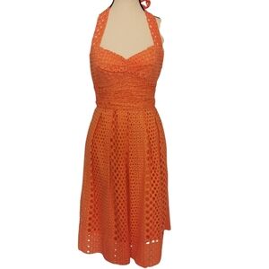 Jack Rogers 50s Style Fit & Flare Orange Eyelet Halter Midi Dress -Sz 8 (Fits 6)